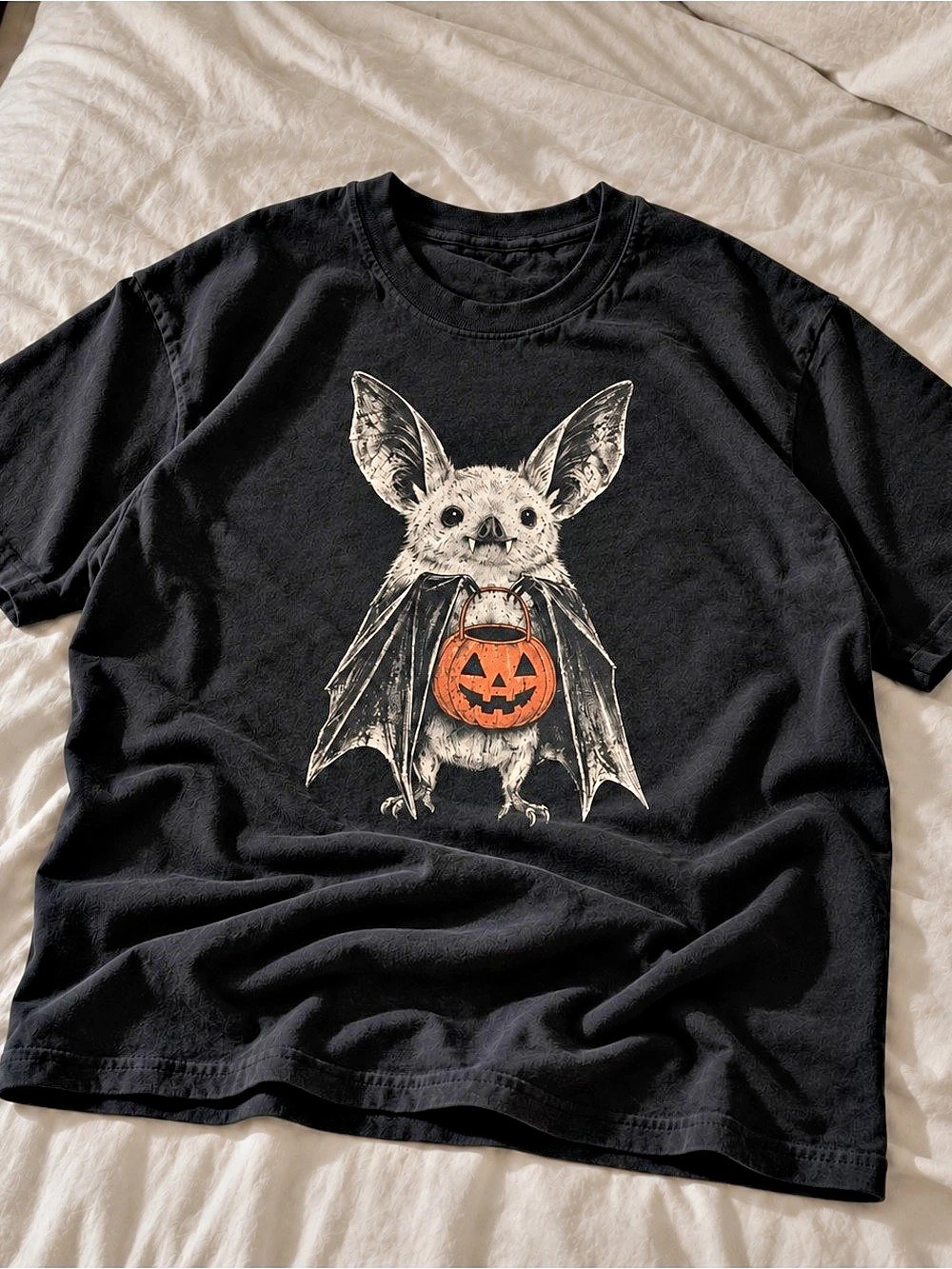 Cute Bat with Pumpkin Trick-or-Treat Bucket Graphic Tee – Black (Gildan Reprint)